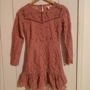 Pink lace fringe long sleeve mini dress